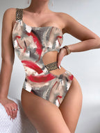 Damen Einteiliger Designer-Badeanzug mit asymmetrischem Schnitt und modischem Trägerriemen R&B