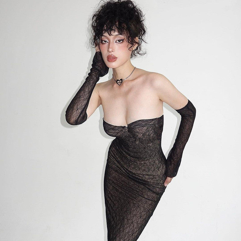 Damen figurbetontes Spitzenkleid mit schulterfreien Ärmeln und elegantem Design R&B