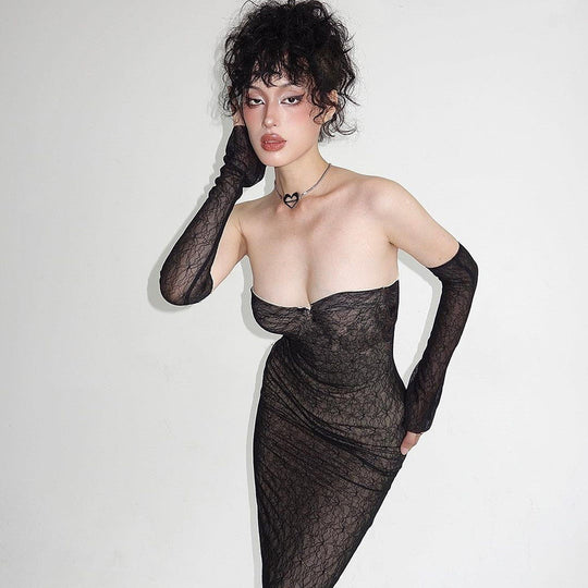 Damen figurbetontes Spitzenkleid mit schulterfreien Ärmeln und elegantem Design R&B