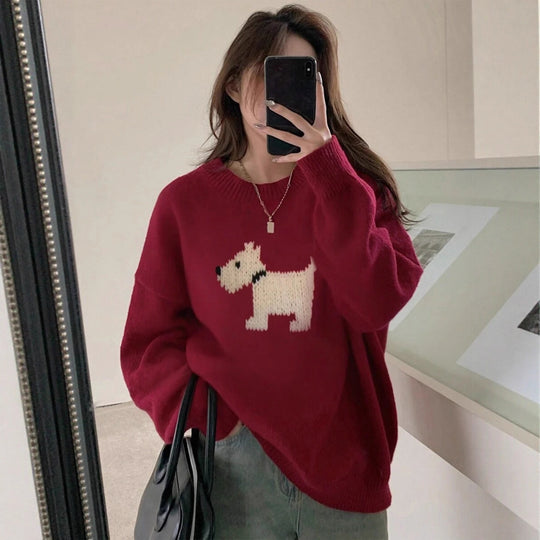 Damen Strickpullover mit süßem Dog-Motiv und bequemer Passform R&B