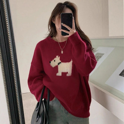 Damen Strickpullover mit süßem Dog-Motiv und bequemer Passform R&B