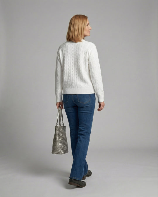 Damen grobgestrickter Zopfmuster-Cardigan mit Ballonärmeln, Rippenbündchen und dekorativer Knopfleiste R&B