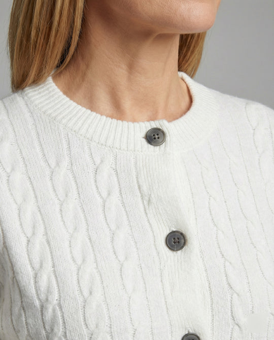 Damen grobgestrickter Zopfmuster-Cardigan mit Ballonärmeln, Rippenbündchen und dekorativer Knopfleiste R&B