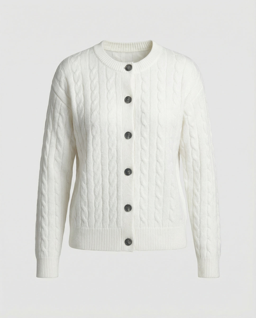 Damen grobgestrickter Zopfmuster-Cardigan mit Ballonärmeln, Rippenbündchen und dekorativer Knopfleiste R&B