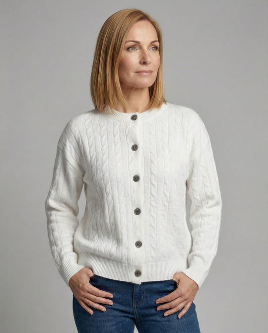 Damen grobgestrickter Zopfmuster-Cardigan mit Ballonärmeln, Rippenbündchen und dekorativer Knopfleiste R&B