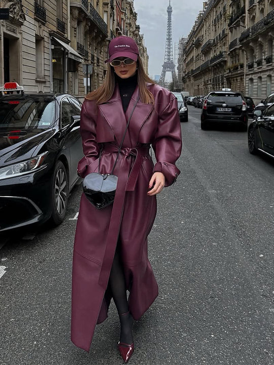 Damen elegante Kunstlederjacke mit voluminösen Ärmeln und Taillengürtel R&B