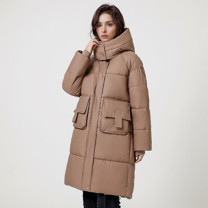 Damen gesteppter Langmantel mit wärmender Kapuze und praktischen Taschen
