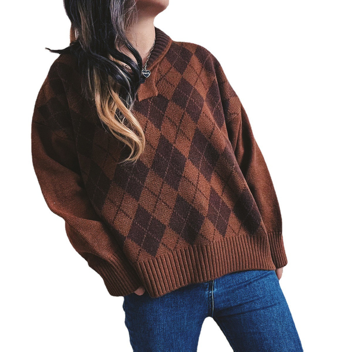 Damen Strickpullover mit klassischem Rauten-Design und modernem Schnitt R&B