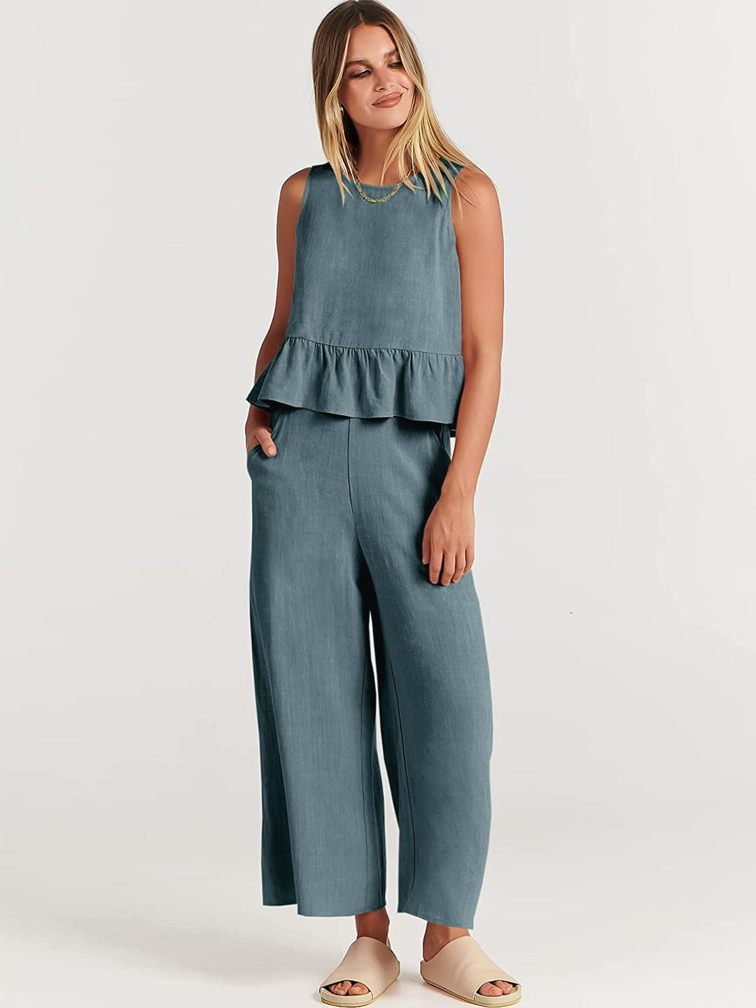 Damen Zweiteiler-Set mit schickem Peplum-Oberteil und weit geschnittenen Hosen R&B