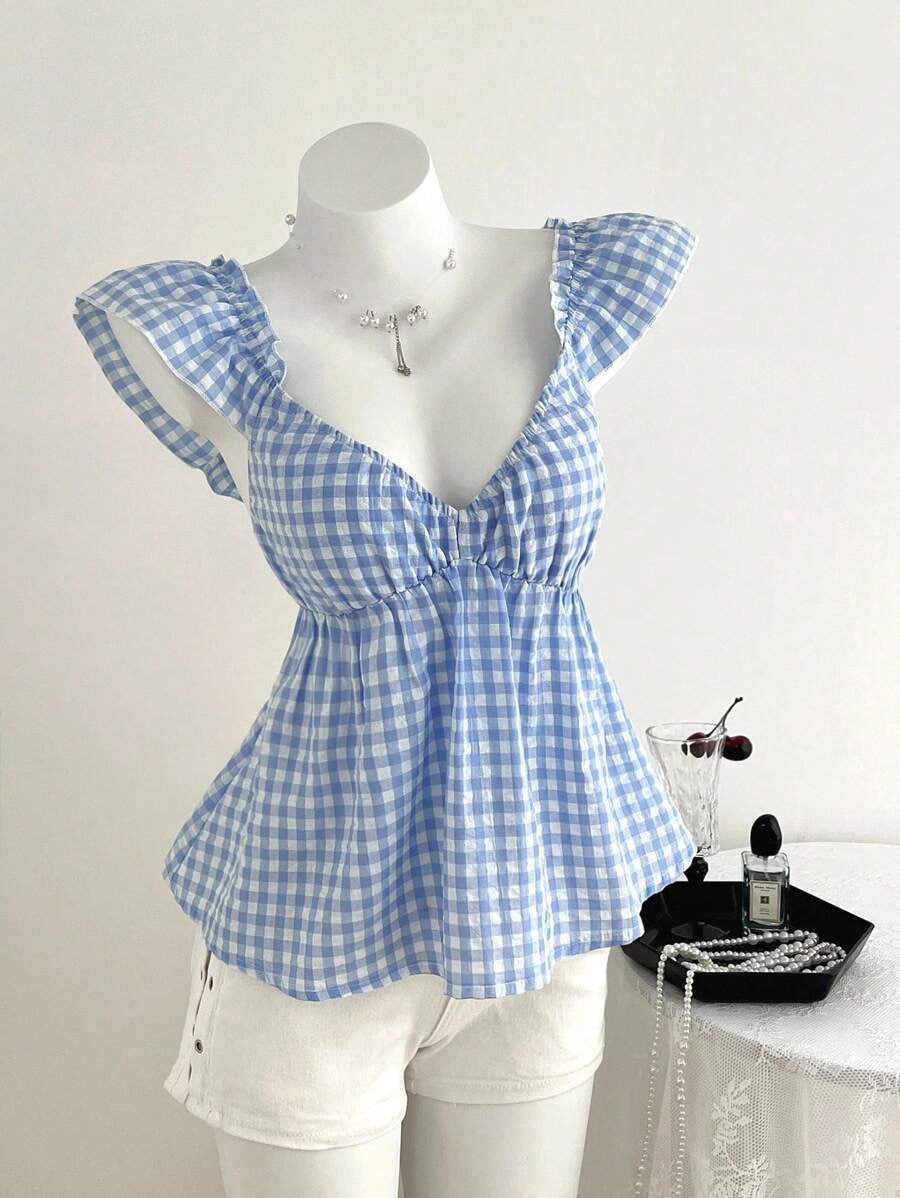 Damen luftige V-Ausschnitt Bluse mit Rüschendetails R&B
