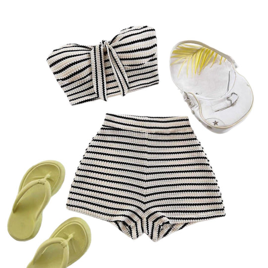 Damen Bandeau-Top und Short-Set mit maritimem Streifenmuster R&B