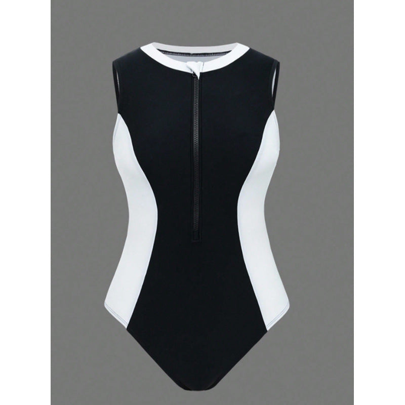 Damen Sportlicher One-Piece Badeanzug mit Reißverschluss und Farbakzenten R&B