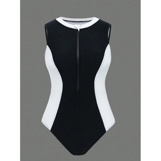 Damen Sportlicher One-Piece Badeanzug mit Reißverschluss und Farbakzenten R&B