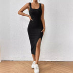Damen figurbetontes Maxikleid mit hohem Schlitz und dekorativem Rippenmuster R&B