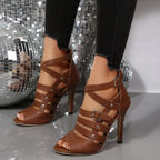 Damen Hochhackige Sandalen mit geflochtenen Riemen und verstellbarem Schnallenverschluss