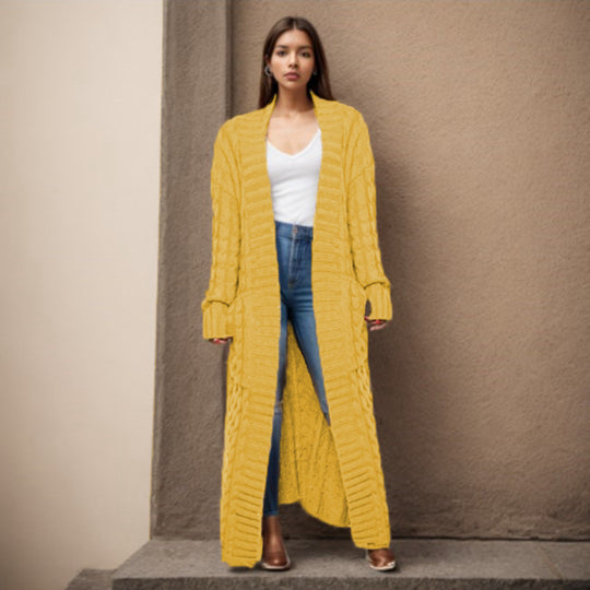 Damen Langer Strickcardigan mit raffiniertem Zopfdesign und praktischen Taschen R&B