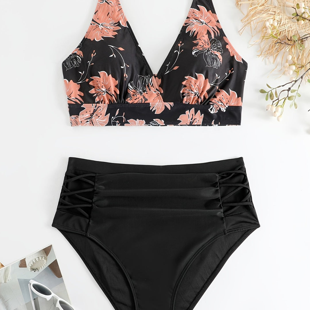 Damen Hochgeschnittener Bikini mit floralen Akzenten und raffinierten Details R&B