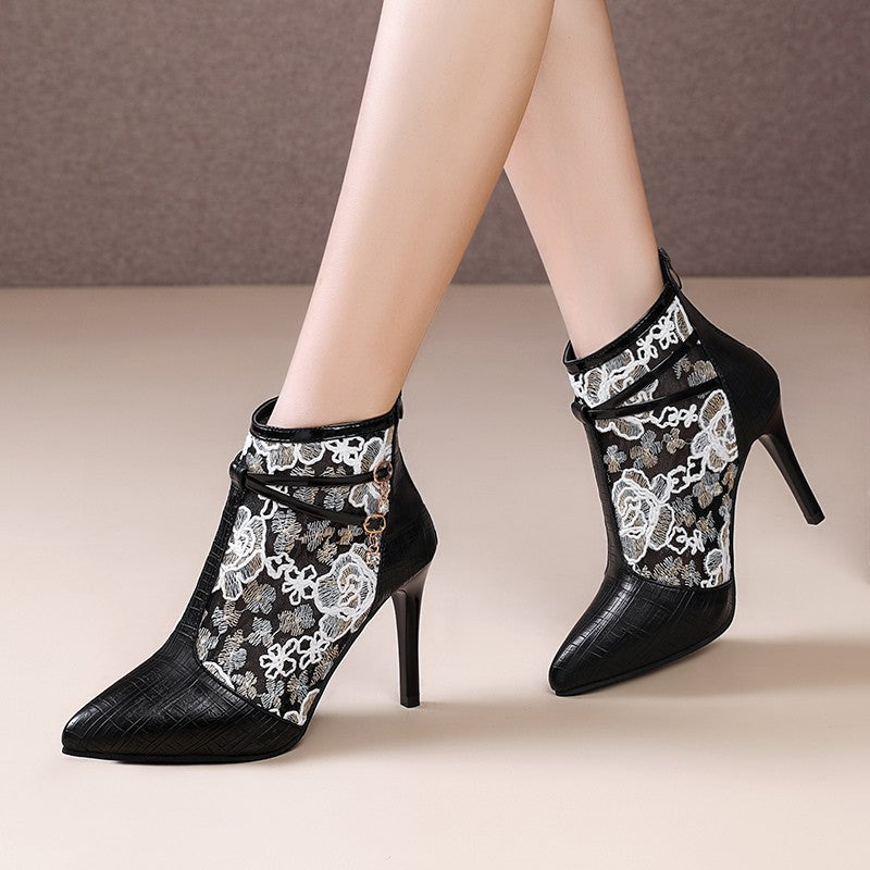 Damen Elegante High Heel Stiefeletten mit transparentem Spitzendesign R&B