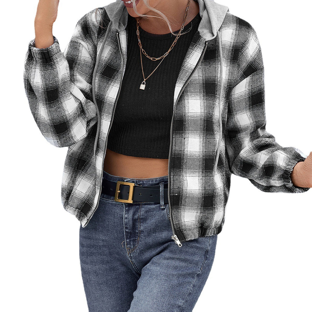 Damen lässige Baumwolljacke mit Karomuster und Kapuze R&B
