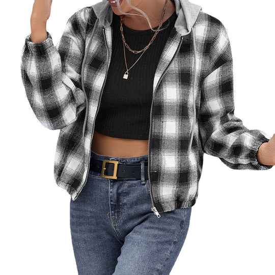 Damen lässige Baumwolljacke mit Karomuster und Kapuze R&B