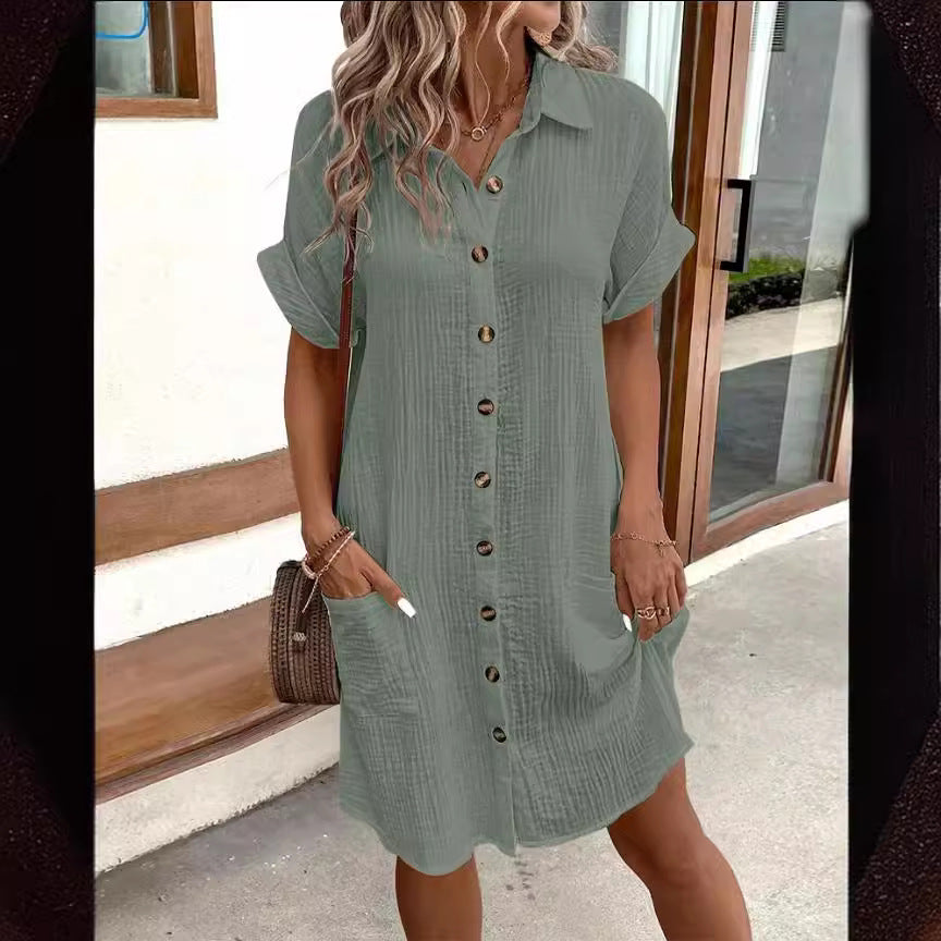 Damen Hemdblusenkleid aus leichtem Baumwollstoff mit praktischen Taschen und durchgehender Knopfleiste R&B