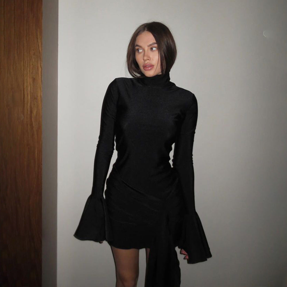 Damen Wickelkleid mit hohen Rüschendetails und Stehkragen R&B