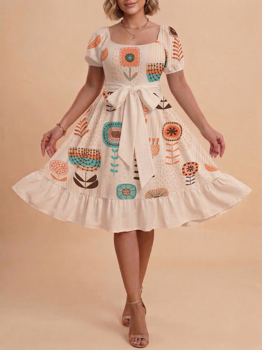Damen Sommerkleid mit floralem Puffärmel und taillierbarem Gürtel R&B