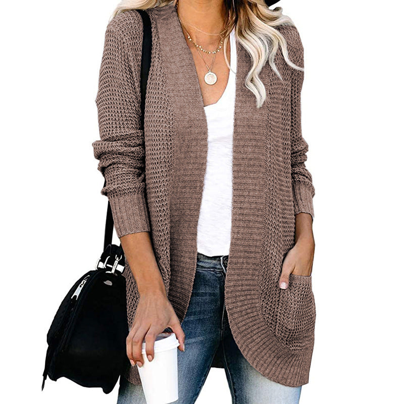 Damen lässige Strickjacke mit offenen Ärmeln und praktischen Taschen R&B