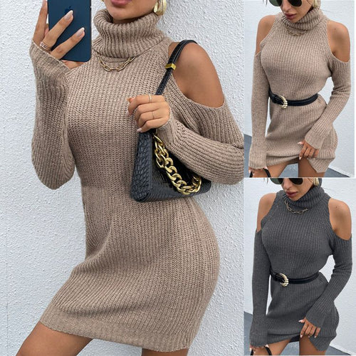 Damen Strickkleid mit offenen Schultern und hohem Kragen R&B