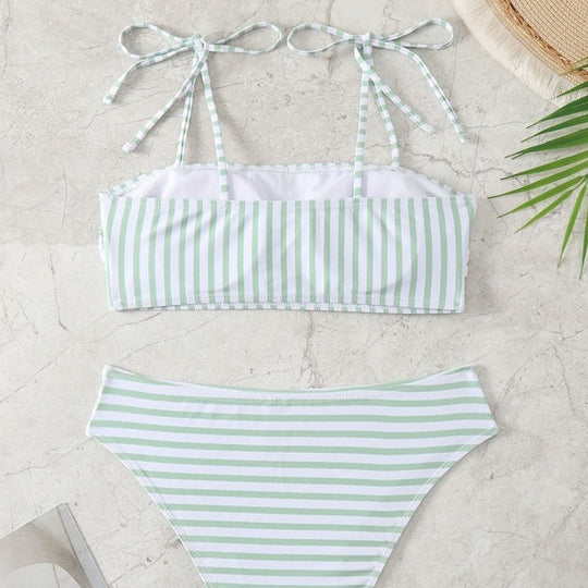 Damen Hochgeschnittener Bikini mit modischen Streifen und verstellbaren Trägern R&B
