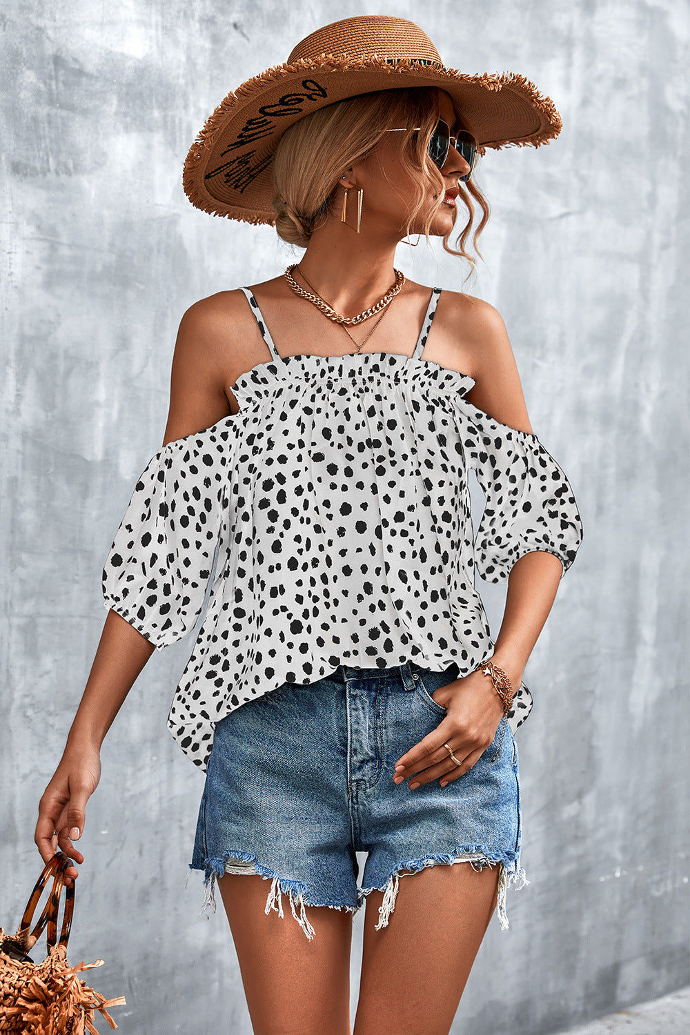 Damen Off-Shoulder Bluse mit verspieltem Punktemuster und luftigen Puffärmeln R&B