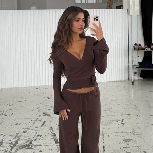 Damen lockerer Jumpsuit mit Wickeldesign und langen Ärmeln R&B