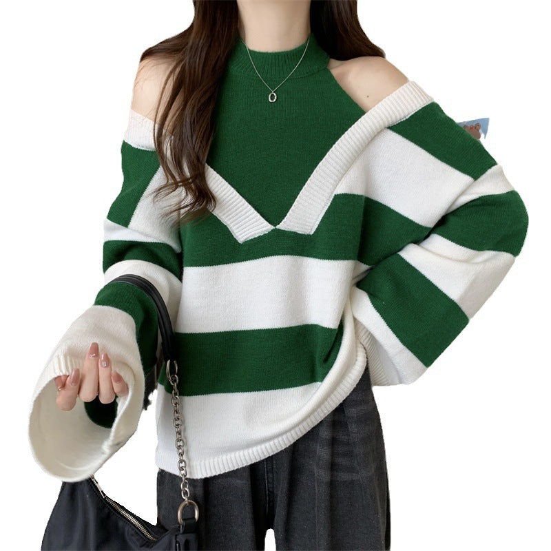 Damen V-Ausschnitt Oversized-Pullover mit modischem Streifenmuster und offenem Schulterdesign R&B