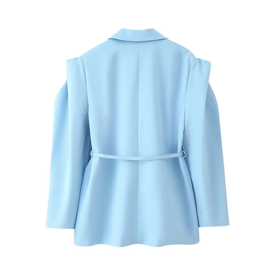 Damen elegante Oversized-Blazerjacke mit Gürtel und Schulterpolstern R&B