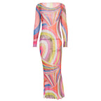 Damen Langarm Maxikleid mit buntem Muster R&B