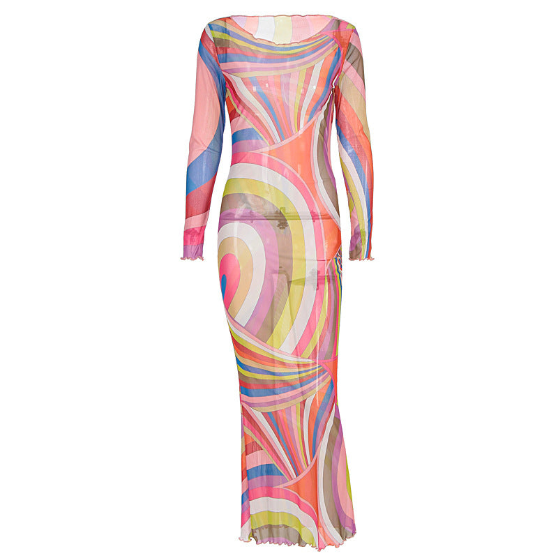 Damen Langarm Maxikleid mit buntem Muster R&B