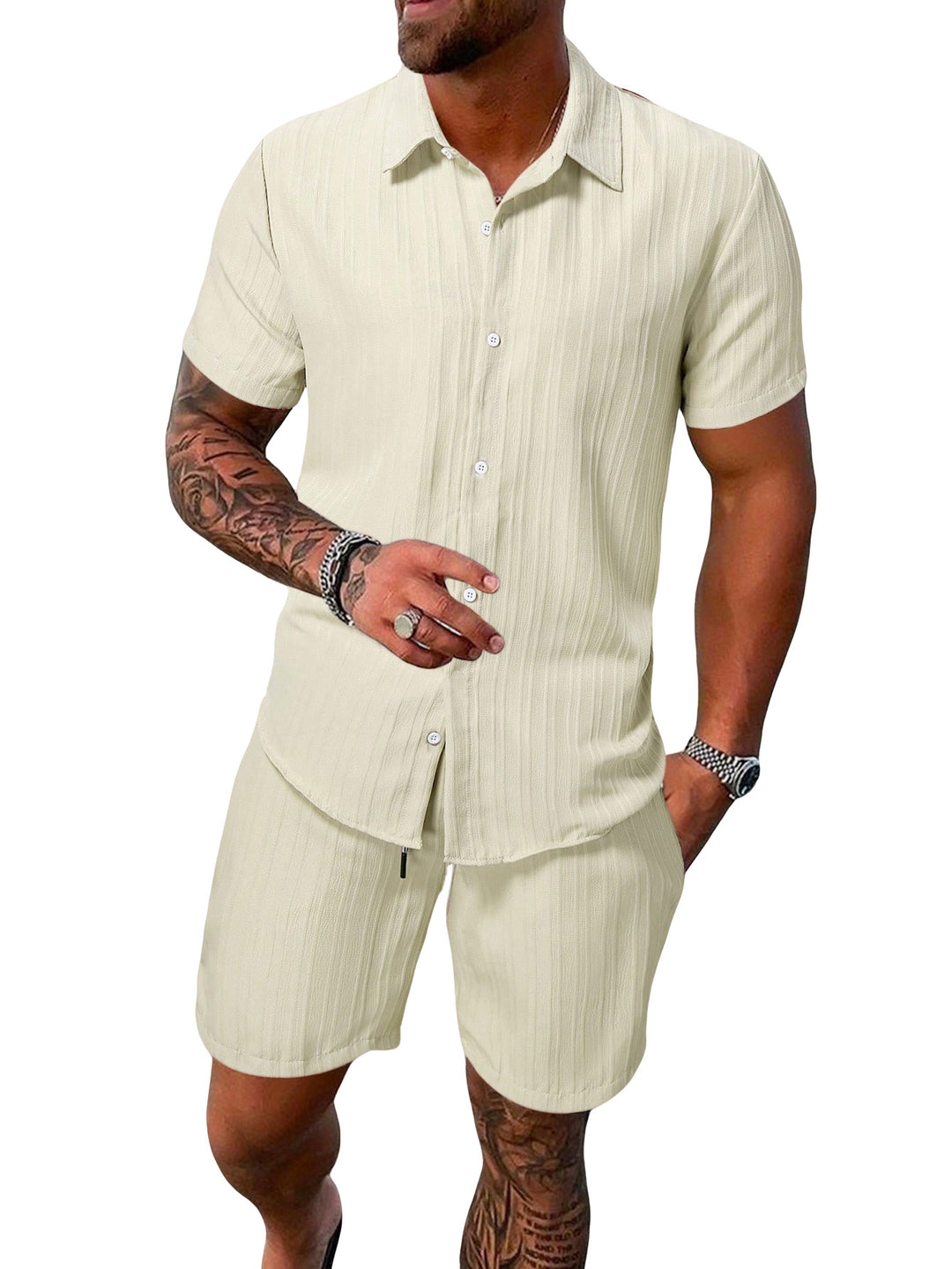 Herren nan luftiges Kurzarm-Hemd mit offenem Revers und passender Freizeishorts aus strukturierter Baumwollmischung R&B