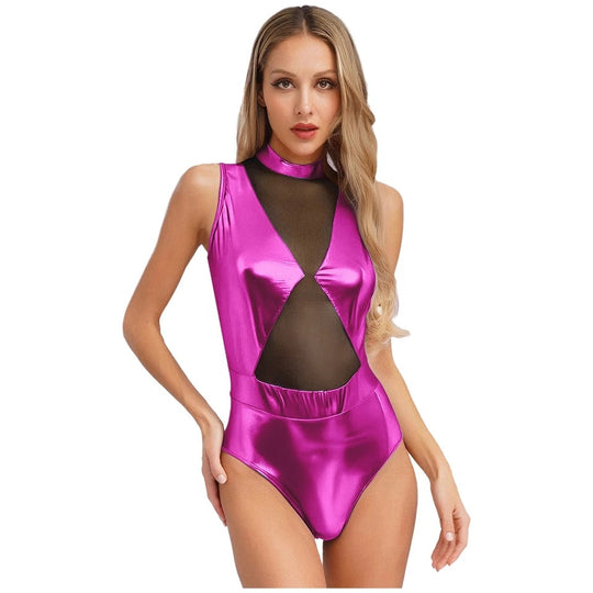 Damen Einteiler Badeanzug mit transparenten Einsätzen und schimmerndem Design R&B