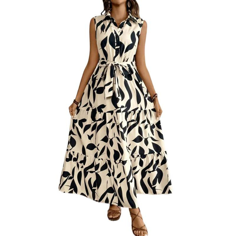 Damen Maxi-Kleid mit maskulinem Blätterdruck und tailliertem Gürtel R&B