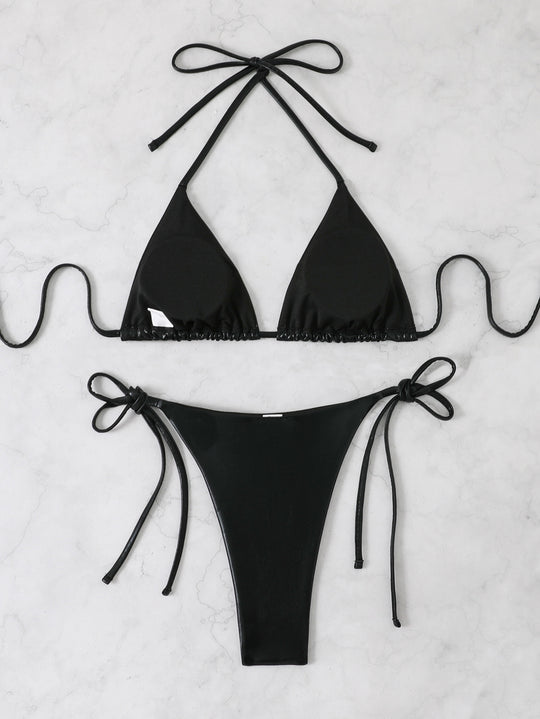 Damen Glänzendes Triangel-Bikini-Set mit verstellbaren Bändern R&B