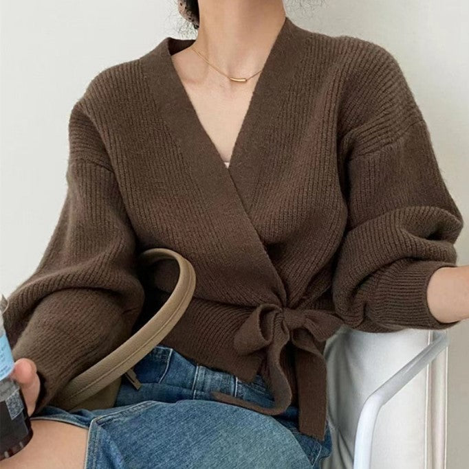 Damen Wickelstrickjacke mit weit geschnittenen Ärmeln und Taillengürtel R&B