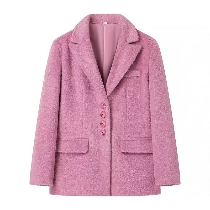 Damen elegante Blazerjacke mit weichem Fell und dekorativen Knopfdetails R&B