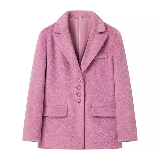 Damen elegante Blazerjacke mit weichem Fell und dekorativen Knopfdetails R&B