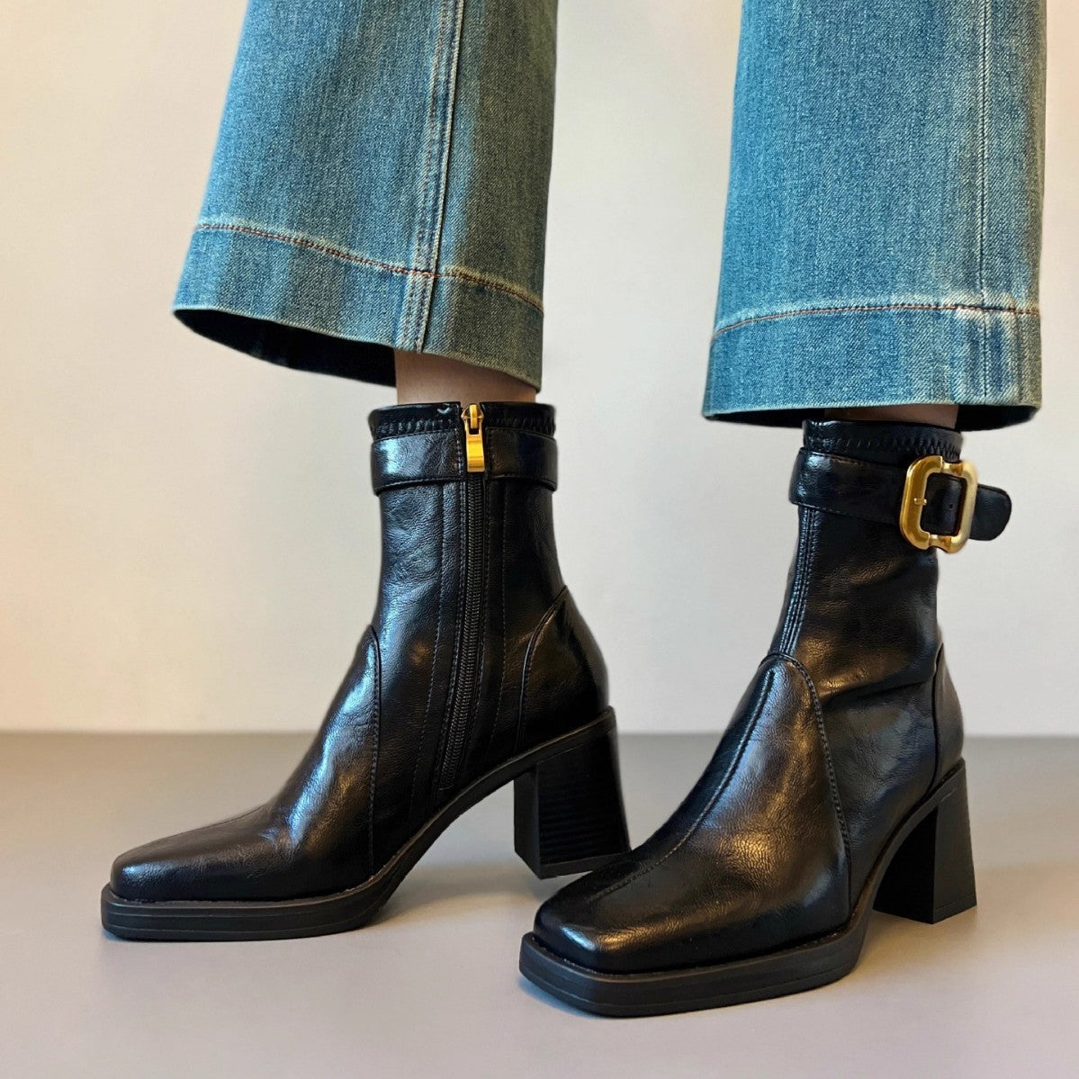 Damen Elegante Stiefeletten mit modischem Schnallenakzent und hohem Blockabsatz R&B
