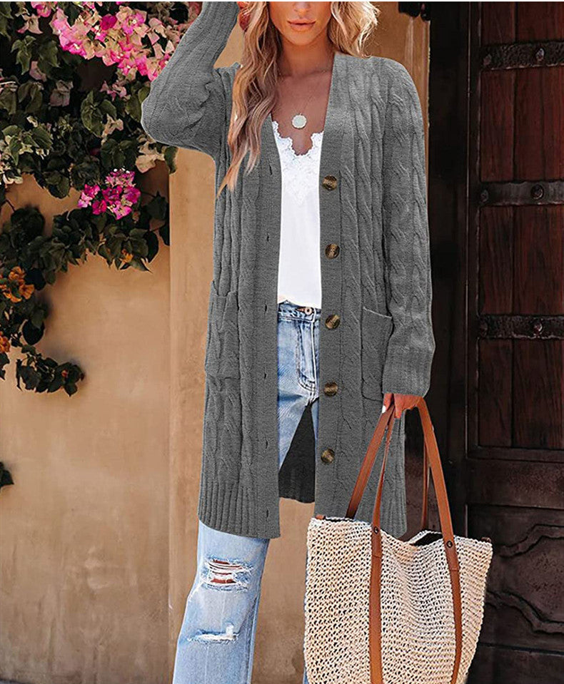 Damen Langer Strickcardigan mit Zopfdesign und praktischen Taschen R&B