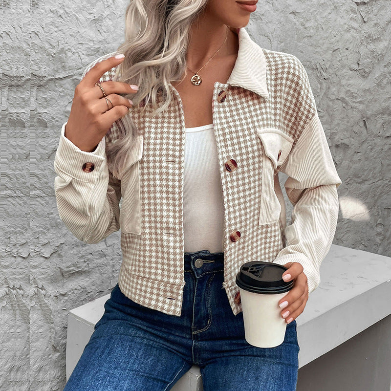 Damen Cordjacke mit modernem Hahnentritt-Design und praktischen Taschen R&B