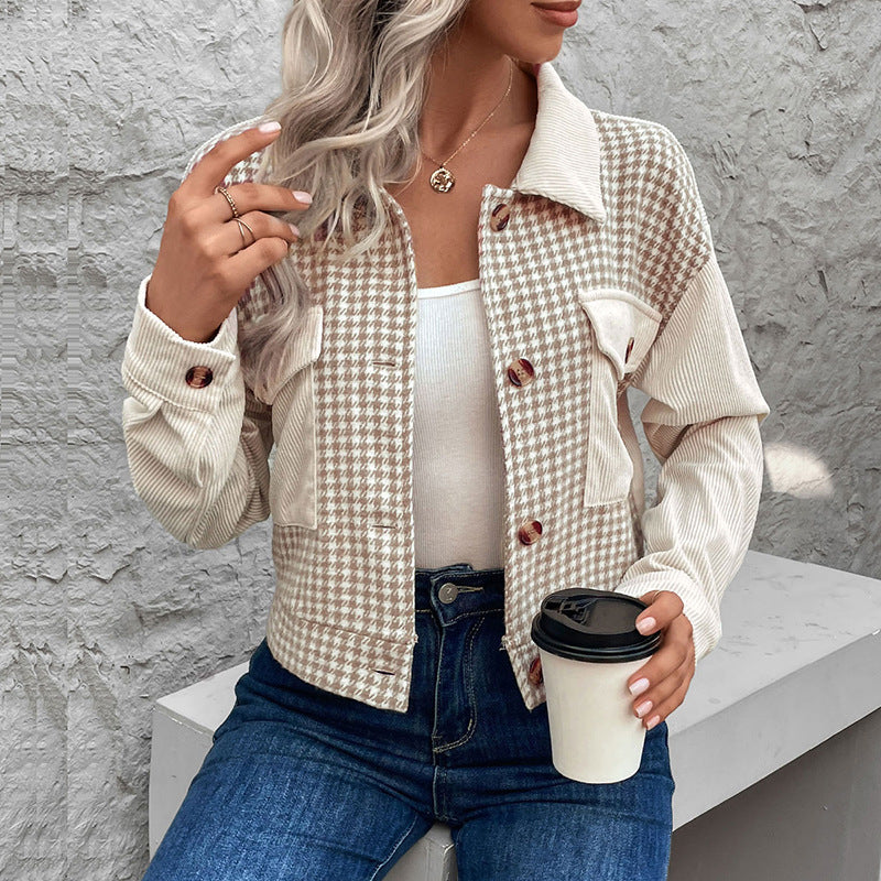Damen Cordjacke mit modernem Hahnentritt-Design und praktischen Taschen