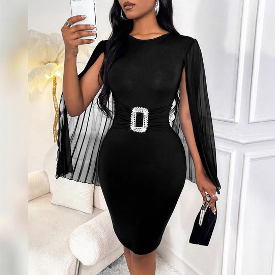 Damen Elegantes Wickelkleid mit transparenten Ärmeln und schimmerndem Taillengürtel R&B
