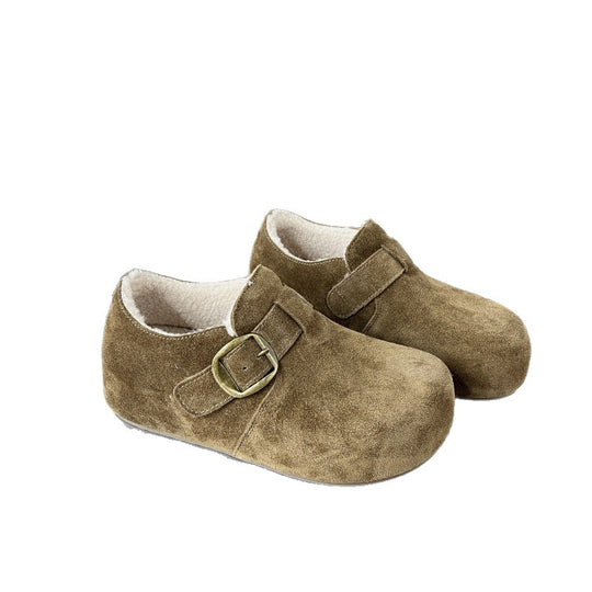Damen Komfortable Wildleder-Clogs mit luxuriösem Fleece-Innenfutter und modischer Schnallenverzierung R&B