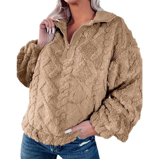 Damen Fleece-Pullover mit halbem Reißverschluss und strukturiertem Design R&B